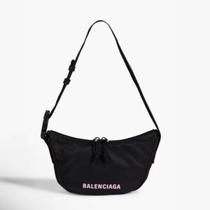 BALENCIAGA  Wheel Sling Embroidered Canvas Shoulder Bag - Black w/ pink